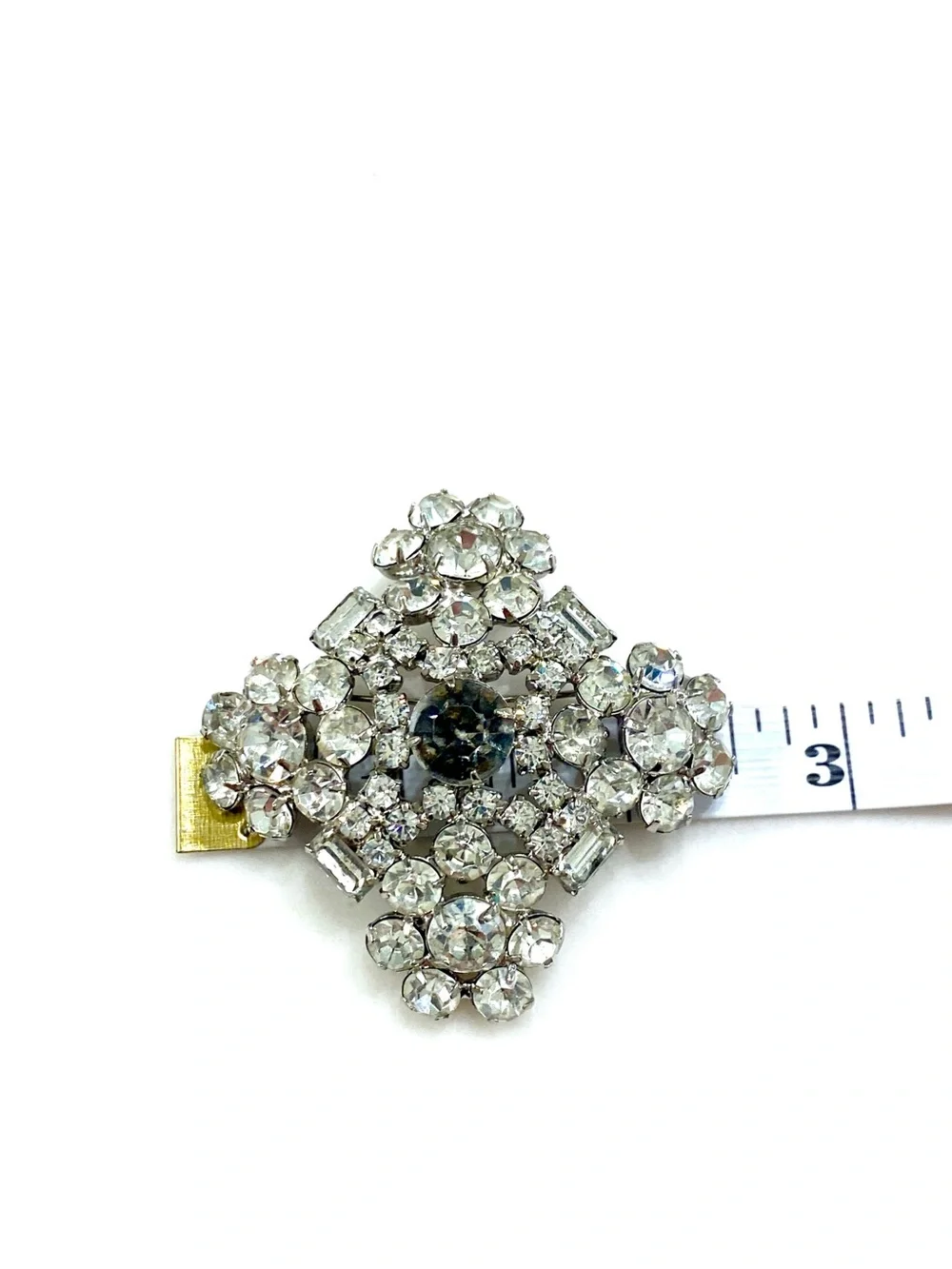 Vintage Clear Crystal Floral Cluster Brooch - Black Center Stone